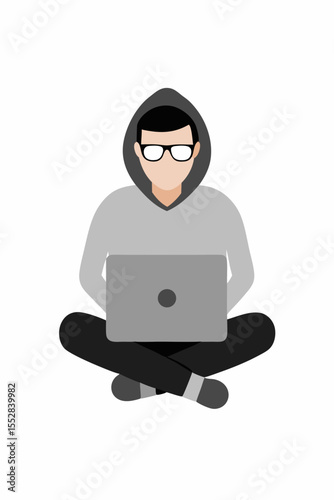 Masked person using laptop, a cyber criminal engaging in data theft