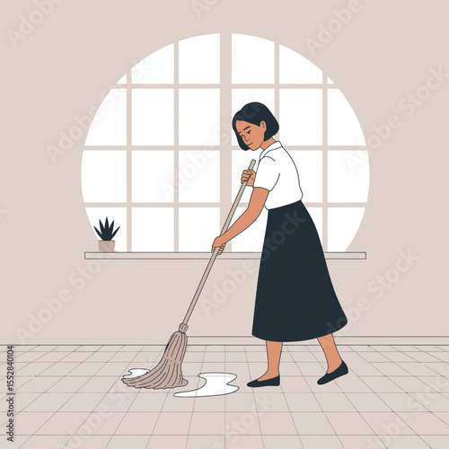 Woman Mopping Floor in Room