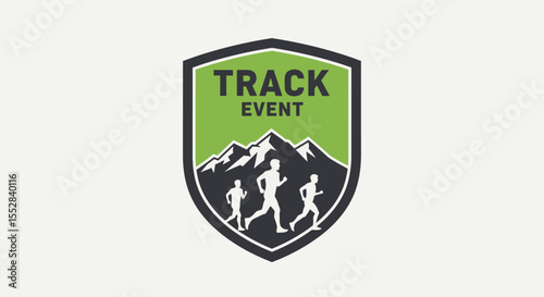 shield logo design for outdoor track event with mountain and running figures