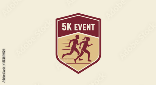 Minimalist emblem design depicting two runners in a 5k event race badge