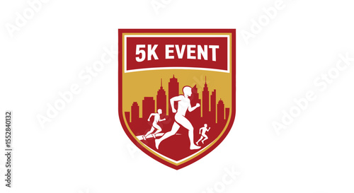Dynamic 5k running event logo featuring urban skyline and athletes in motion