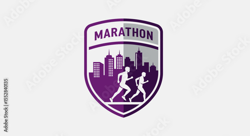 Minimalist marathon emblem with runners and cityscape silhouette in purple and gray tones