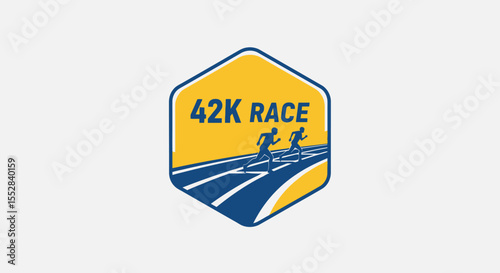 Minimalist emblem featuring two runners competing in a 42k marathon race on a stylized track