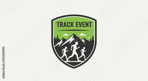 Free Download Emblem featuring silhouette runners against mountain and forest backdrop representing track event outdoors - GFXLoad