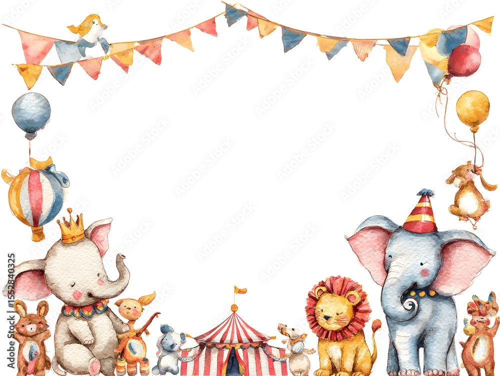 Obraz premium Whimsical watercolor circus frame with charming animals and lush plants, perfect for highlighting your message.