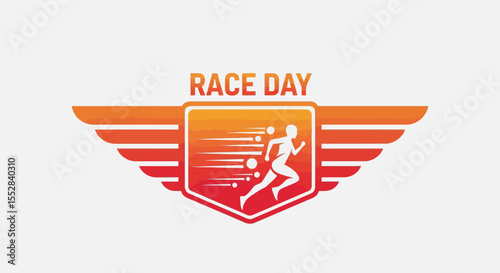 dynamic race day logo design featuring a running athlete with speed lines and wing elements
