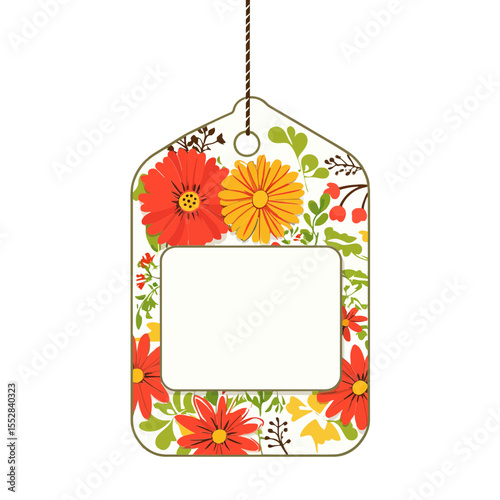 Mockup of a blank white tag or label decorated with colorful flowers and leaves,on a string for craft blogs,gift store websites,product labeling or DIY project tutorials.