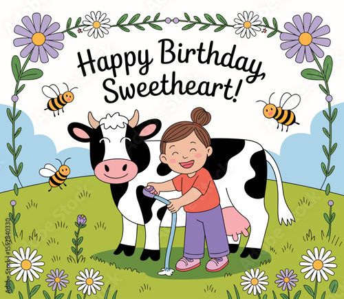 Birthday Card with Cow and Girl