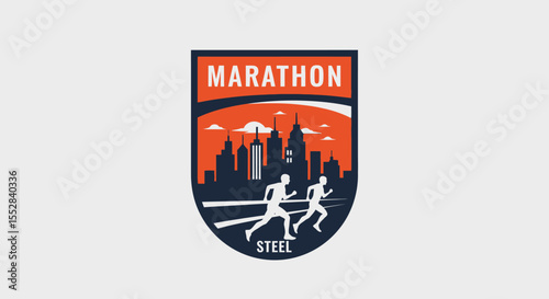 dynamic marathon runners silhouetted against an urban skyline with bold colors and sporty theme