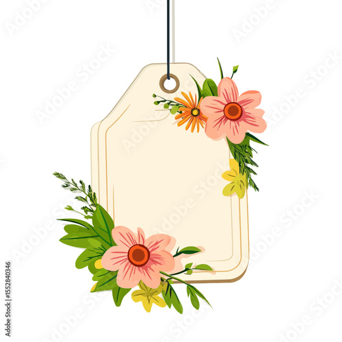 Blank flower tag mockup for websites and blogs for product labeling,sale announcements or as a decorative element for gifts and spring themes.