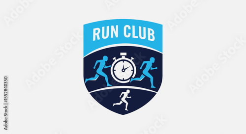 Run club logo design with stopwatch and running figures symbolizing speed and fitness