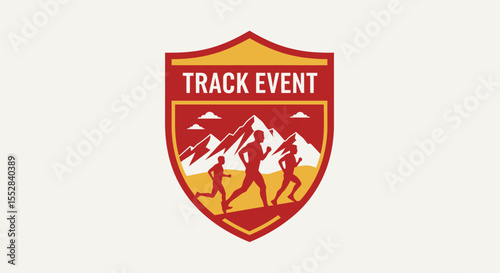 Dynamic emblem design featuring runners racing in a mountainous landscape for track event promotion