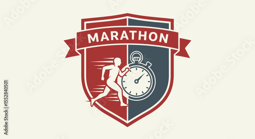 marathon running emblem with stopwatch and athlete silhouette in shield design