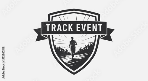 Monochrome emblem featuring a runner silhouette symbolizing a competitive track event in motion