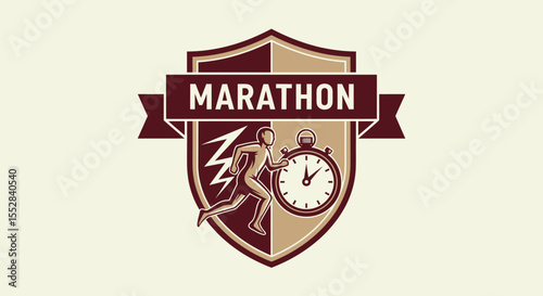 Vintage style marathon running emblem with stopwatch and speed lines on shield background