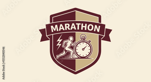 Marathon running emblem with stopwatch and runner icon design in vintage style