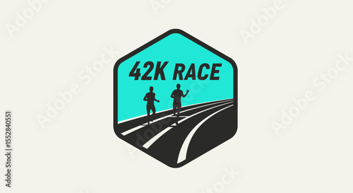 Vector logo design of two runners competing in a 42k marathon race on a curved track with a blue sky background