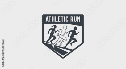 Minimalist emblem design featuring runners in an athletic race symbolizing fitness and endurance