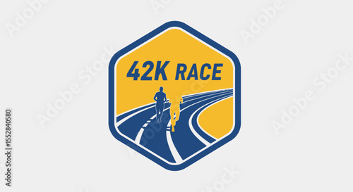 Minimalist emblem design representing a 42 kilometer long distance running race on a curved track