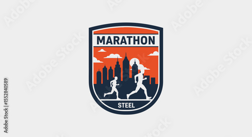 marathon runners racing in front of a city skyline with a steel marathon badge design