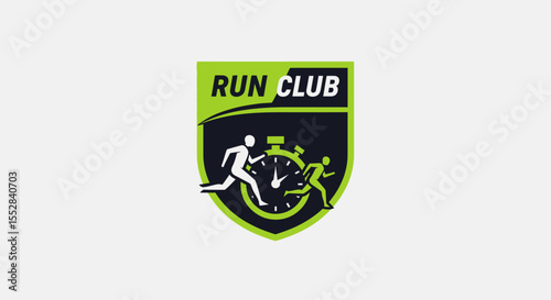 run club logo design featuring runners and stopwatch icon in shield shape