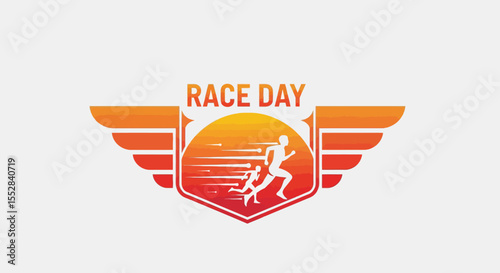 dynamic race day logo with running figures and winged design elements in warm gradient colors