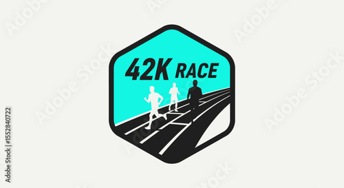 Illustration of a 42K race marathon with runners on a track in a hexagon badge design