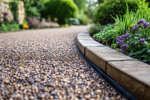A winding gravel path with a brick border leads through a lush garden. Use it to show landscape design, gardening, or outdoor living concepts.