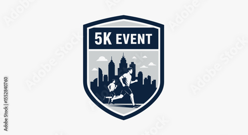 Shield emblem design representing a 5k running event with urban skyline background and runner silhouette