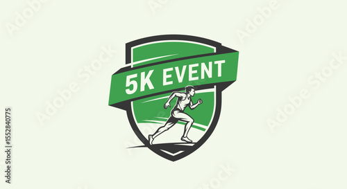 Dynamic logo design for a 5k running event featuring a sprinting athlete and a bold green banner
