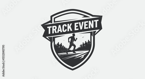 Monochrome emblem featuring a runner and track event text with crowd silhouette in shield shape