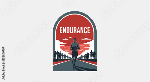 silhouettes of runners on a track with a bold endurance title under dramatic sky background