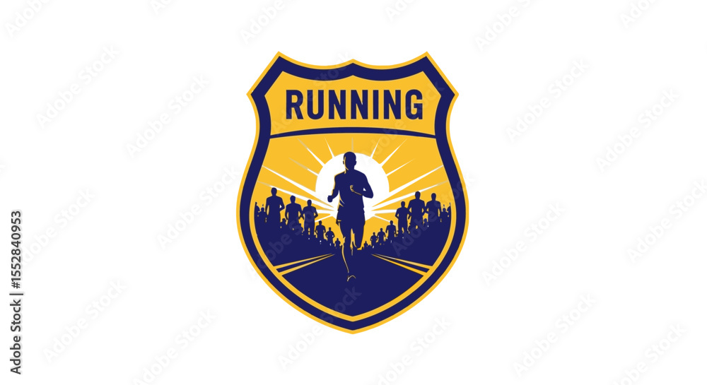 Naklejka premium silhouette of runners in a marathon race with a sun background and running text badge design
