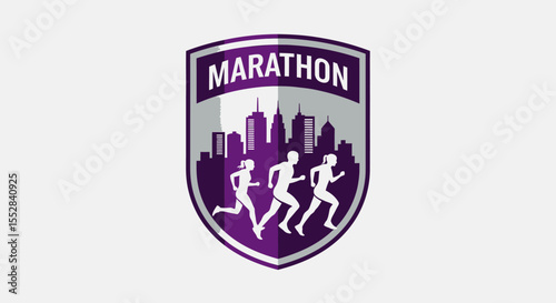 Illustration of marathon runners with urban skyline background in shield emblem design