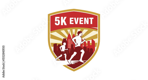 Illustration of a 5k running event with runners and city skyline background in shield design