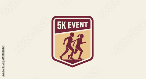 Minimalist emblem design of running man and woman representing a 5k event or race activity