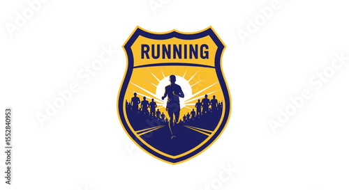 silhouette of runners in a marathon race with a sun background and running text badge design