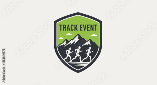 Minimalist outdoor running track event logo featuring mountains and runners in a shield emblem