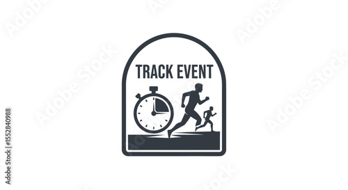 Minimalist black and white icon representing a track event with runners and a stopwatch