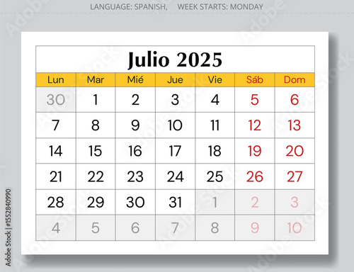 Page of 2025 Spanish july calendar - month julio. Vector illustrations for month Spain