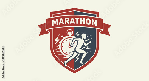 Stylized emblem of a marathon runner with stopwatch representing speed and endurance in athletic competition