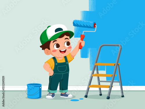Little Boy Painting a Wall