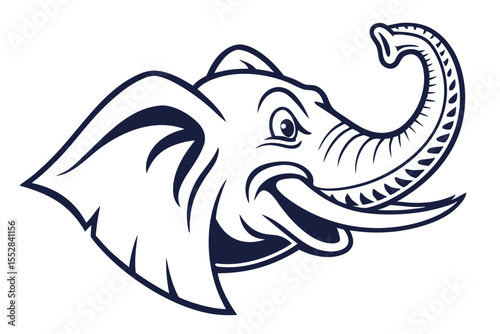 Line drawing depicts a bold cartoon elephant head with raised trunk aggressively
