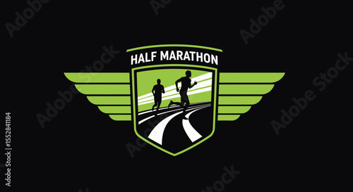 minimalist logo design representing half marathon runners on a track with wing elements