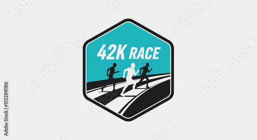 Vector badge design of marathon race runners on track symbolizing endurance and competition