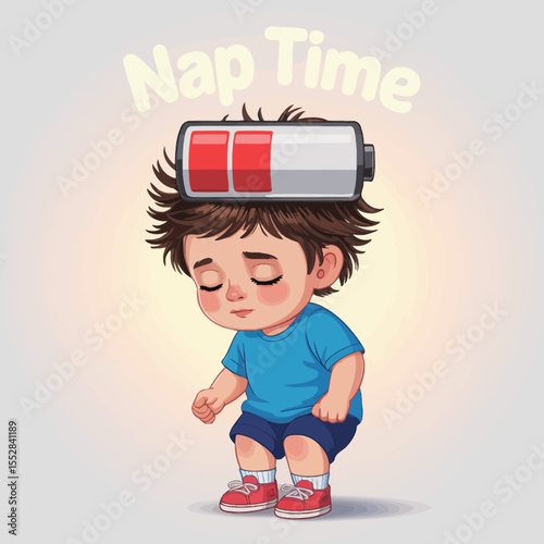 Tired Boy with a Battery Indicator on His Head