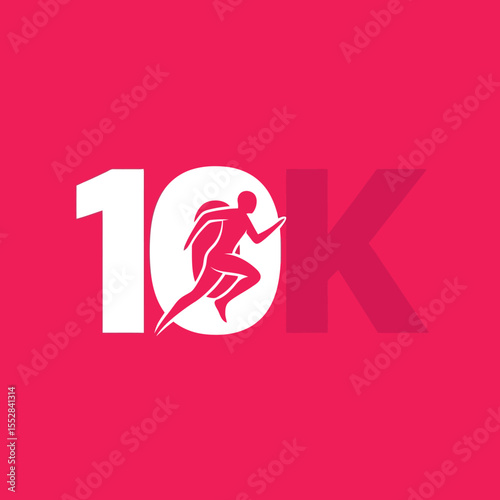 Dynamic 10k running race logo with a stylized runner figure on vibrant pink background