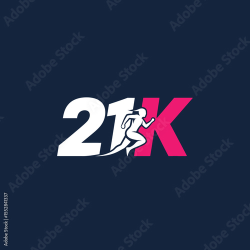 Minimalist dynamic logo design showing a runner integrated with the 21k text in bold colors