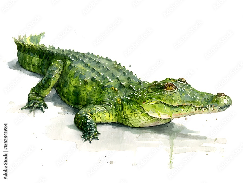 Fototapeta premium Alligator. Intricate watercolor rendering. Resting on a pure white canvas. Conceptual representation of the lurking reptile. Blend of abstract brushwork with elements of natural authenticity