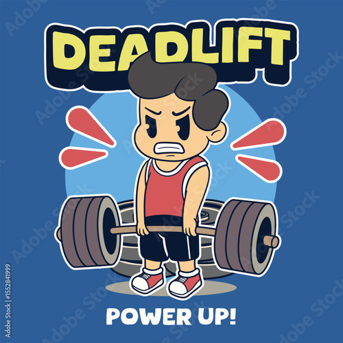 A Funny Boy athlete deadlifting a heavy barbell for fitness and muscle building in a retro cartoon character mascot illustration
